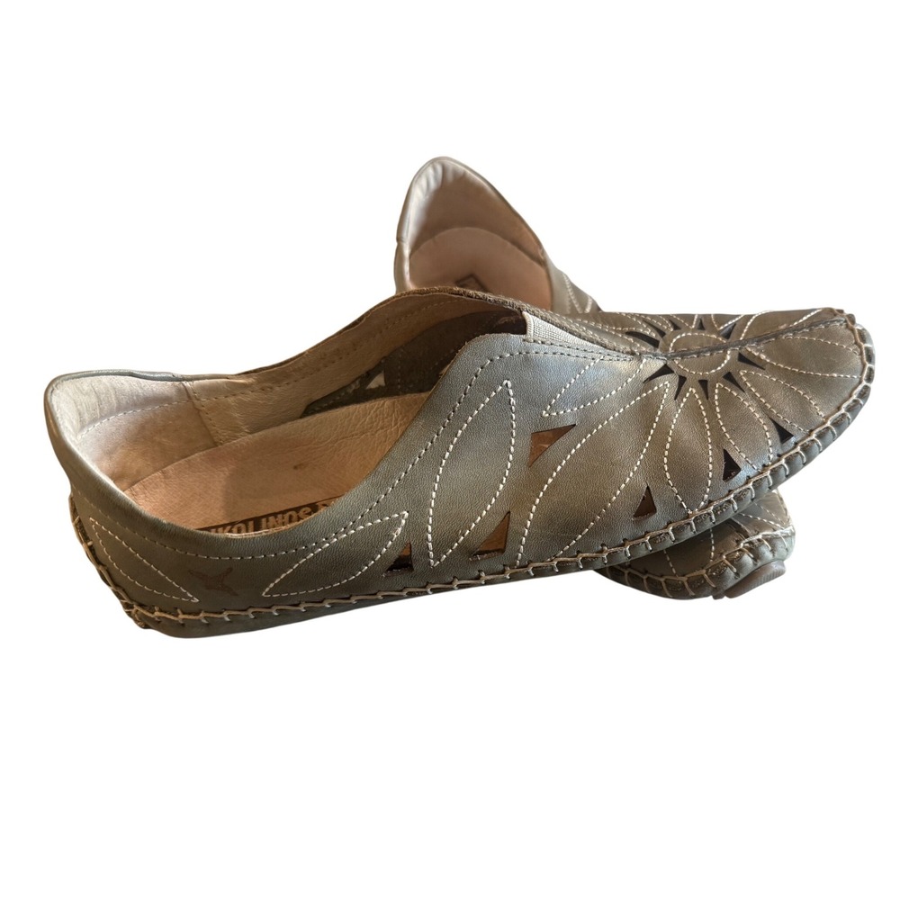 Pikolinos Womens Olive Green Leather‎ Cutout Floral Whipstitch Loafers Size 38